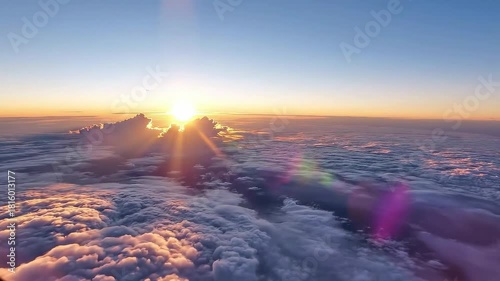 An aerial view of the sun on the horizon casting brilliant golden rays over an endless sea of white and grey clouds under a clear blue and orange sky
