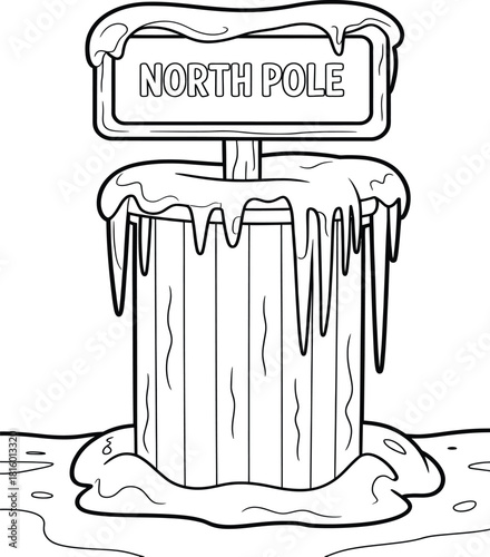 Black and white line art north pole signpost illustration