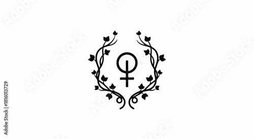 Elegant feminine symbol framed by delicate vines and leaves, representing womanhood and nature.