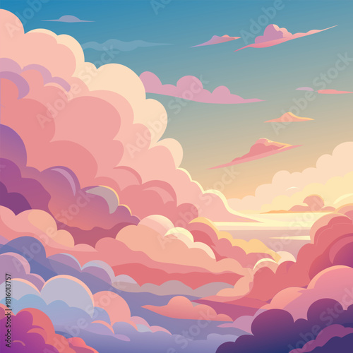 Vibrant pastel clouds fill the sky during a colorful sunset or sunrise scene