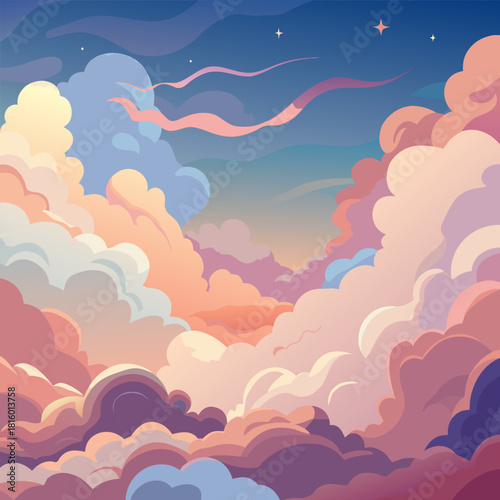 Vibrant pastel clouds at twilight with wispy streaks and stars