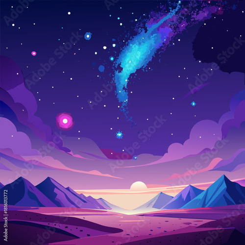 Vibrant purple and blue night sky with nebula over mountain landscape
