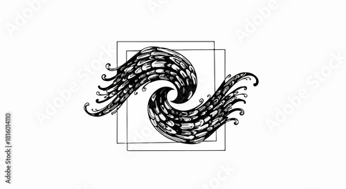 Abstract swirling organic shapes creating a dynamic yin yang symbol within a square frame