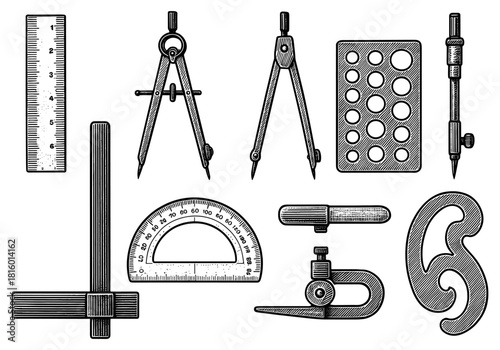 Vintage drawing tools collection in engraved style for technical design