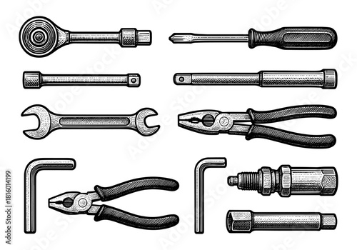 Hand-drawn tool collection with wrench, screwdriver, and pliers in vintage style