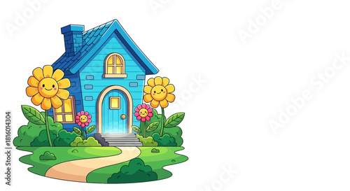 Cartoonish Blue House with Smiling Sunflowers Garden Illustration Asset