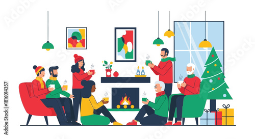 Flat Illustration Group of People Celebrating Christmas Holiday Together with Fireplace
