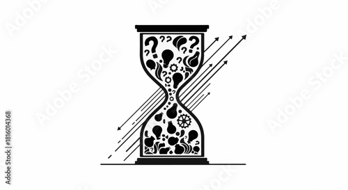 Abstract hourglass filled with curious shapes and question marks, symbolizing time and uncertainty.