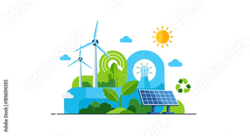 Flat Style Detailed Green Energy And Renewable Resources Landscape Illustration