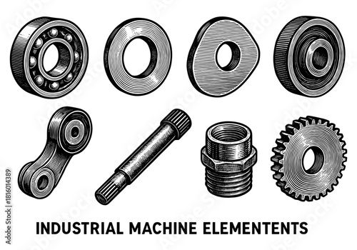 Industrial machine components in vintage engraving style for mechanical design