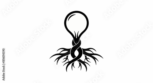 Creative idea symbol of a light bulb intertwined with roots, representing growth and innovation.