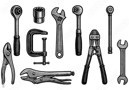 Vintage hand drawn tools collection with detailed engraving style