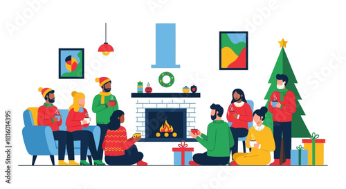 Flat Illustration of People Gathering around Fireplace for Christmas Celebration