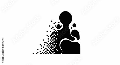 Abstract silhouette dissolving into digital pixels, representing data loss or transformation.