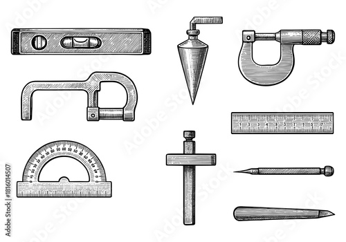 Hand-drawn engraving style engineering tools on white background