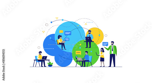 Flat Illustration of Connected People Working Remotely with Laptop Computer