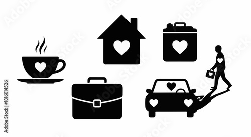Everyday life icons with a heart symbolizing love and passion in work and home