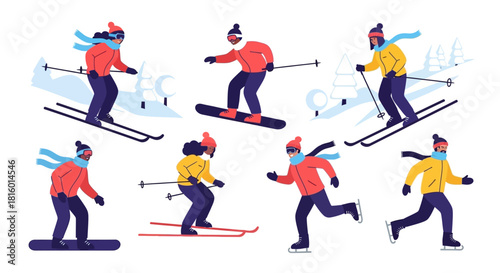 Flat Style People Doing Winter Sports Activities Illustration Graphic Resource