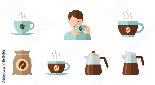 Flat Design Various Coffee Elements with Man Drinking a Cup Illustration
