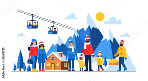 Flat Design Winter Holiday Vacation with Family at Mountain Resort