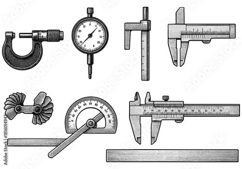 Vintage precision measuring tools with detailed engraving style