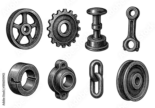 Collection of engraved mechanical parts in vintage style for design projects