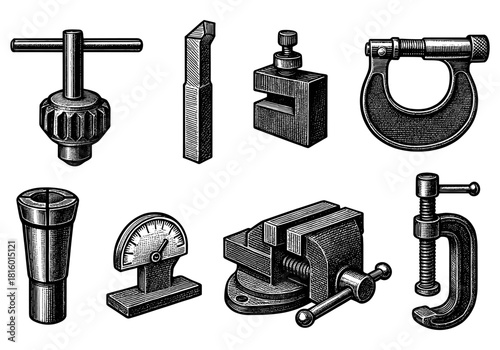 Vintage engraving style tool set for engineering and woodworking projects
