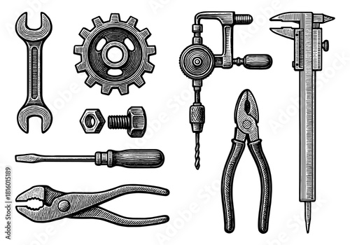 Vintage engraved tools collection featuring wrench gear drill and pliers on white background