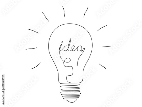 Light bulb with idea in one continuous line drawing. Brainstorm symbol and creative mind concep.Vector illustration eps 10