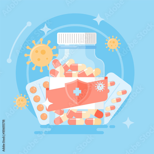 Antiviral Medicine Bottle Vector with Pills and Protection Symbol