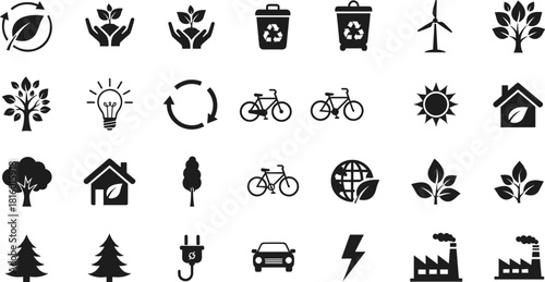Eco icons, sustainability symbols, green energy, recycling, nature, clean power, eco-friendly transport, conservation, climate awareness, environment, renewable resources, green living