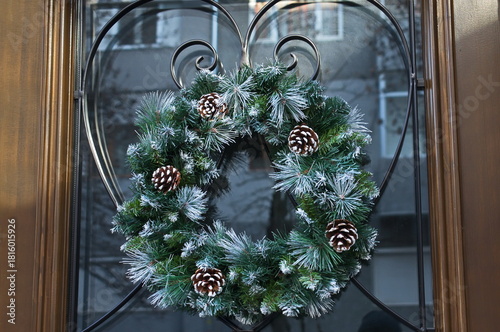 A look at a beautiful Christmas decorative wreath for an entrance door, Sofia, Bulgaria    