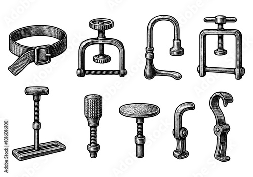 Vintage engraved hardware tools set featuring clamps and fasteners