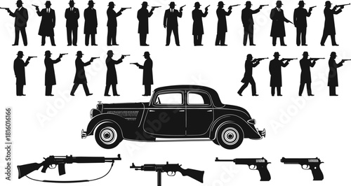 Gangster, silhouette, noir, vintage, pistol, trench coat, hat, crime, weapon, car, 1930s, 1940s, mafia, action, drama, illustration, black, firearm, character, vector