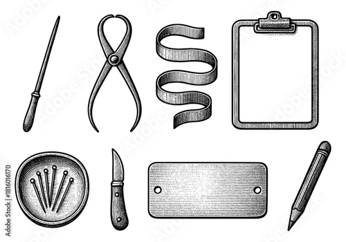 Vintage engraved sewing and writing tools collection with clipboard and ribbon
