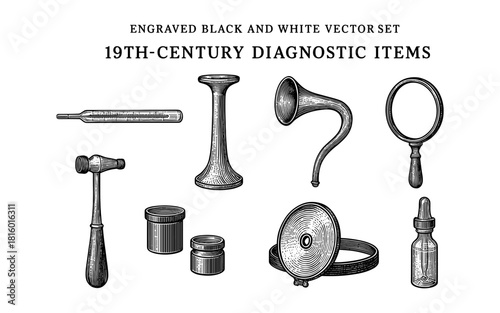 Vintage medical tools: detailed black and white engravings of 19th-century diagnostic instruments
