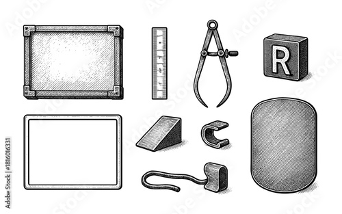 Handcrafted vintage engraving of geometric and mechanical objects in black and white