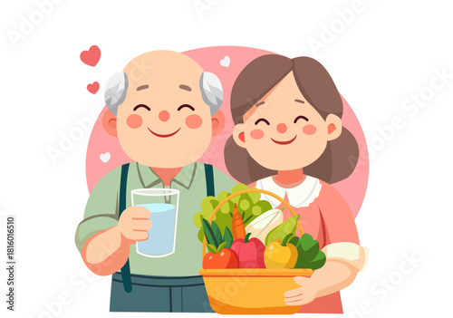 llustration Happy Elderly Couple with Healthy Vegetables