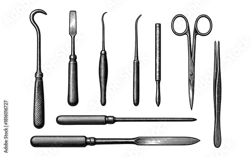 Vintage surgical instruments collection: detailed black and white engraving
