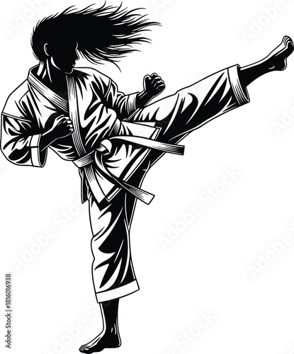 Martial arts silhouette, high side kick pose, black and white illustration, karate uniform, dynamic movement, disciplined action, fighter sketch