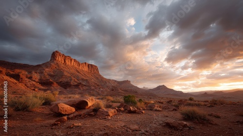 Landscape photograph of a desert landscape at sunset. the sky is filled with dark, ominous clouds that are illuminated by the warm orange and yellow hues of the setting sun.
