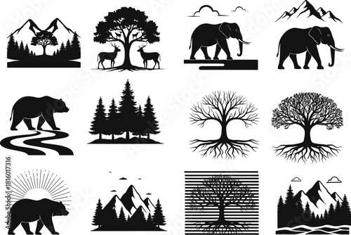 Nature silhouettes, wildlife icons, forest animals, mountain  , elephant, scenic view, black vector, outdoor theme, natural scenery, animal shapes, silhouette art, wilderness, ecosystem
