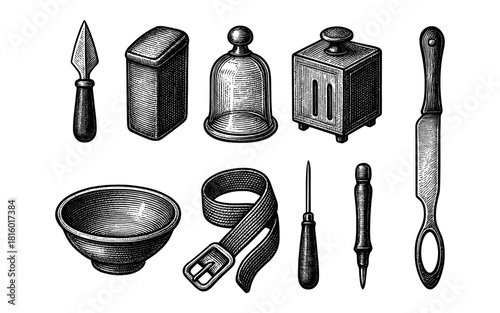 Vintage engraved kitchen tools set featuring classic cutlery and utensils in retro style