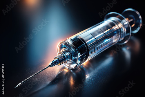 Close up syringe medical equipment injection needle healthcare tool transparent syringe metal needle liquid medicine sterile instrument vaccination device medical treatment