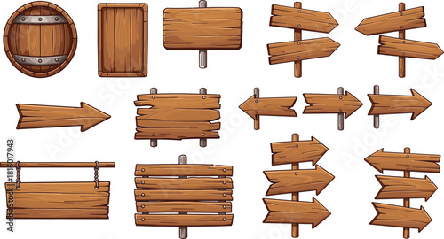 Wooden signs, cartoon arrows, rustic boards, vector illustration, directional icons, game props, signage elements, black and white, hand-drawn style