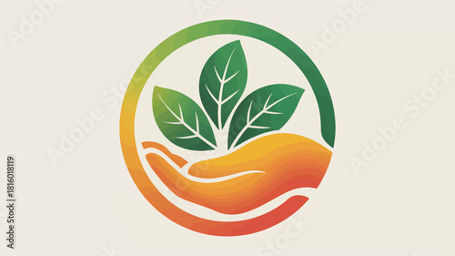 Stylized silhouette of a cupped hand gently holding a cluster of green leaves within an oval frame symbolizing growth and nature silhouette