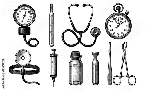 Vintage medical equipment collection with engraved style