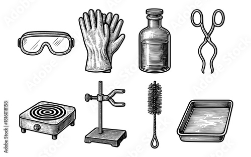 Vintage laboratory equipment set in engraved style