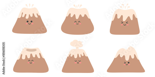 Cute Boho Volcano Character Set. Earth Tone Kawaii Mountain Mascots with Funny Expressions. Hand Drawn Nursery Vector Illustration.