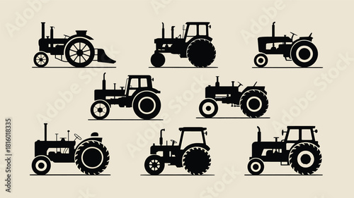 Collection of vintage and modern tractor silhouettes showcasing agricultural machinery in various styles and eras silhouette